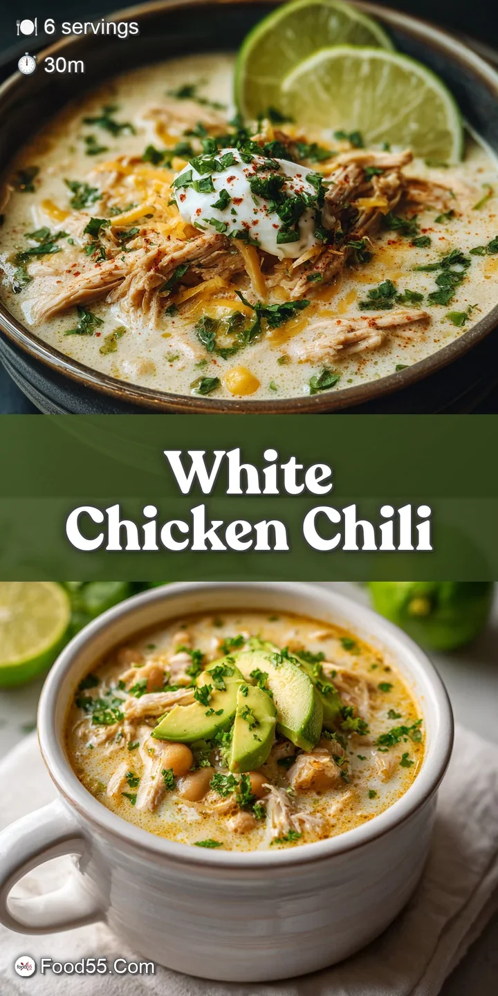 Close-up of creamy white chicken chili, showcasing tender shredded chicken, plump beans, and vibrant flecks of green herbs.