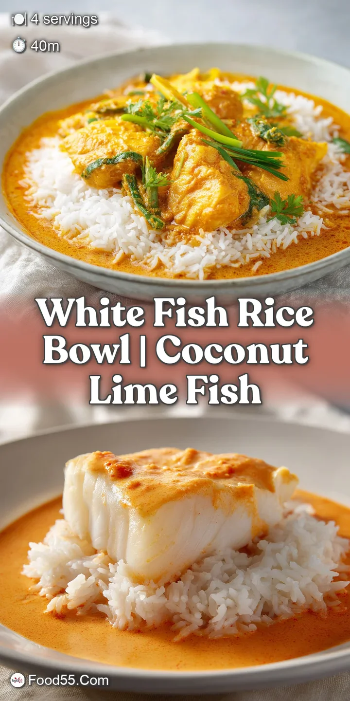 Macro view of succulent, flaky fish coated in a glossy coconut sauce with vibrant green lime zest and herbs.