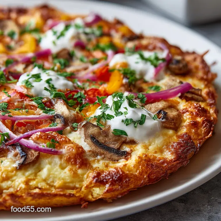 Slice of pizza with visible Greek yogurt crust, featuring colorful veggies and herbs, resting on a clean white plate.