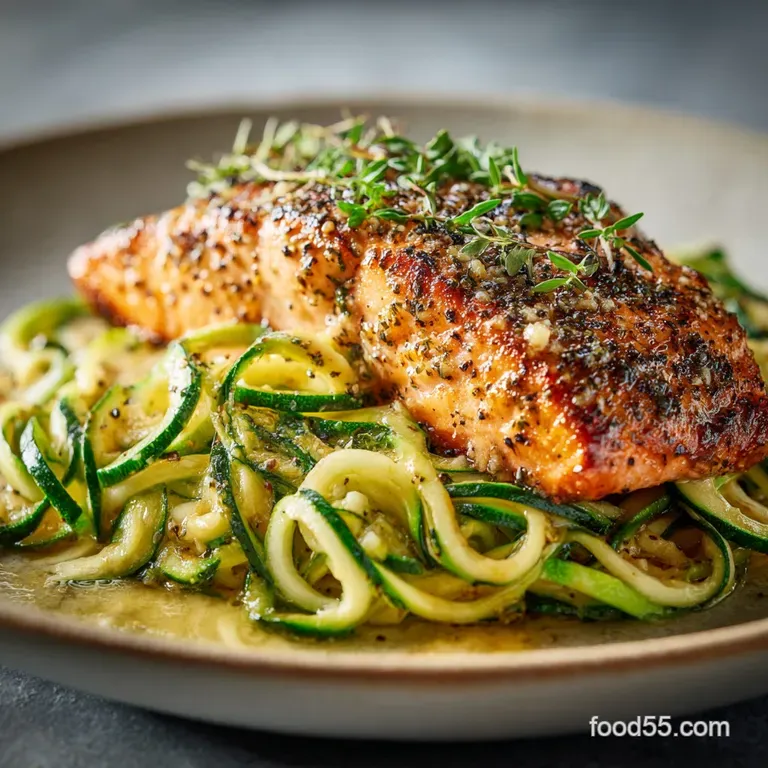 Panseared Lemongarlic Butter Salmon with Springtime Zucchini Noodles presentation