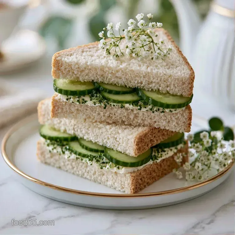 A platter of dainty finger sandwiches arranged neatly, garnished with fresh green dill on a white ceramic plate.