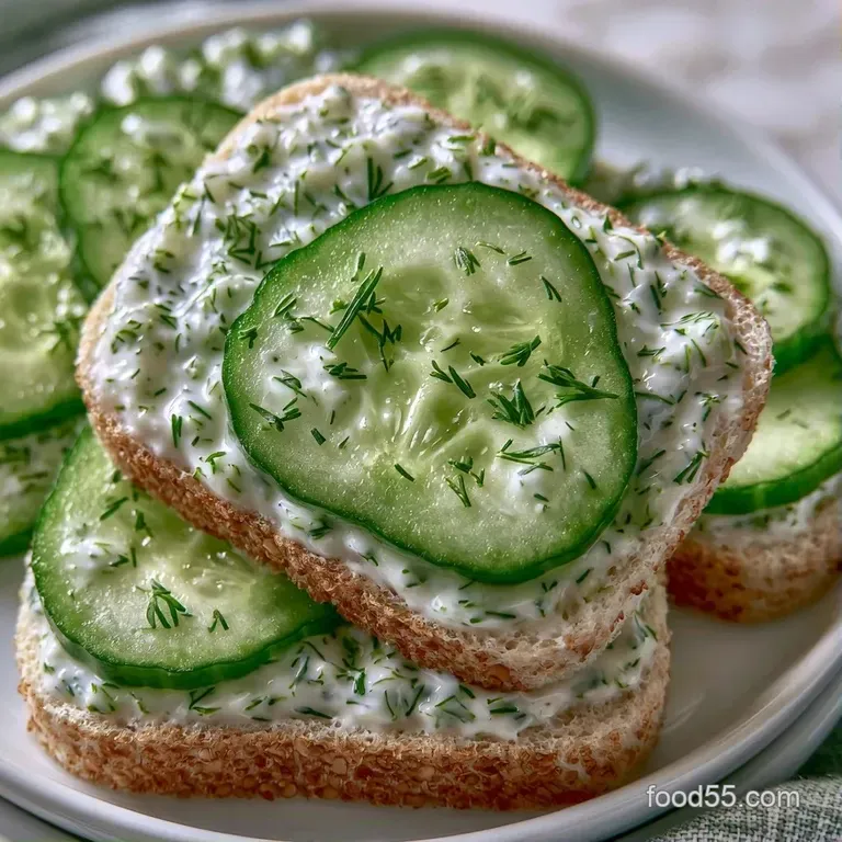 Neatly stacked finger sandwiches on a white porcelain tiered stand with a garnish of fresh green dill sprigs.