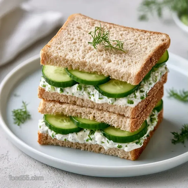 Neatly arranged finger sandwiches on a white ceramic tiered tray, garnished with fresh sprigs of green dill.