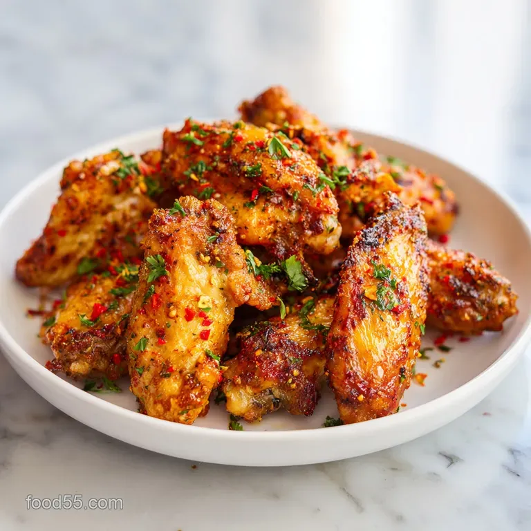 Crispy golden wings elegantly plated with a side of creamy dipping sauce and fresh celery sticks on white ceramic.