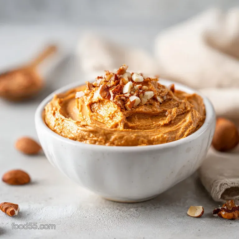 A smooth swirl of glistening, tan nut butter elegantly plated on white porcelain with a touch of sea salt.