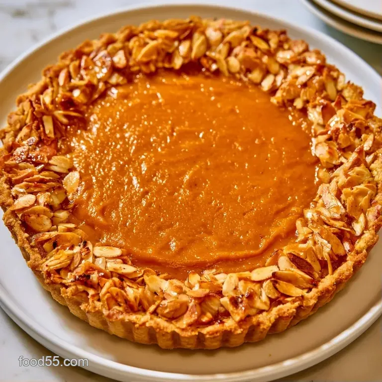 Elegant slice of orange custard tart with a crumbly tan crust, topped with whipped cream on a minimalist white dish.