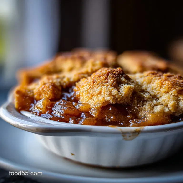 Warm apple cobbler in a rustic bowl, a scoop of melting vanilla ice cream, cinnamon dusting, and a sprig of fresh mint.