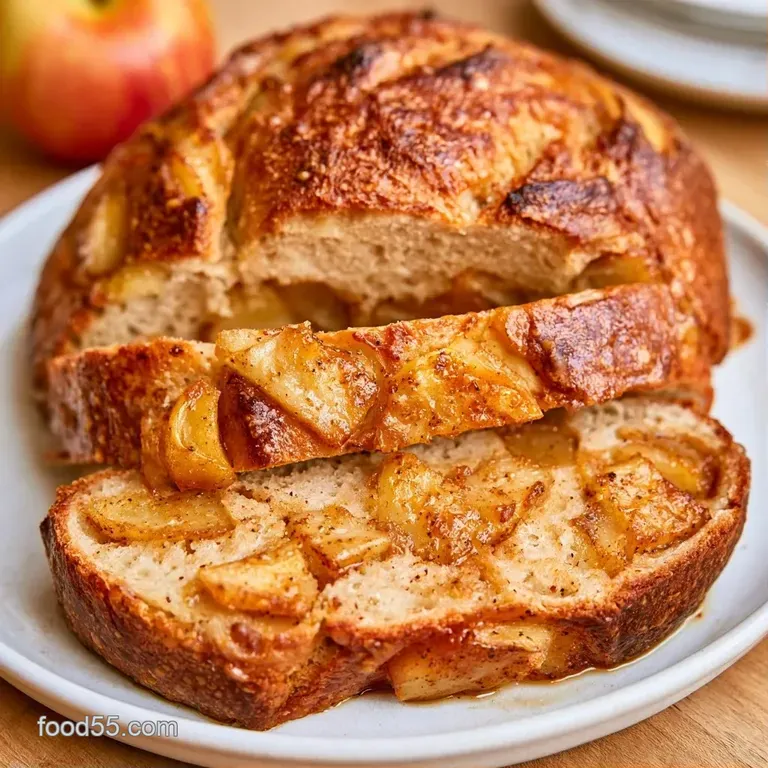 A thick slice of warm bread showing a soft, open crumb with chunks of tender apple on a white ceramic plate.