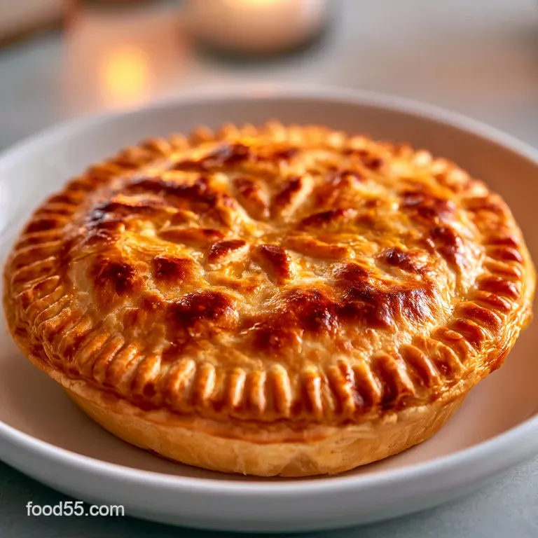 A flaky golden pastry hand pie served on a white ceramic plate with a side of bright green garden peas.