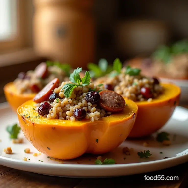 Autumnstuffed Butternut Squash with Sausage Wild Rice Cranberries presentation