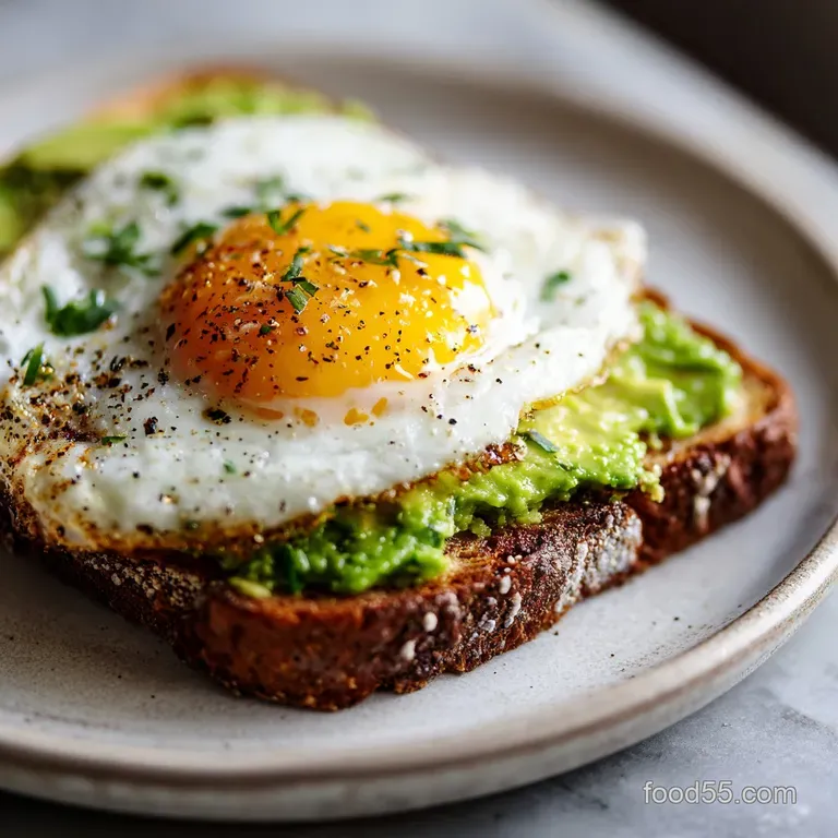 A bright, healthy breakfast: creamy avocado slices artfully arranged on whole-wheat toast, topped with a glistening poache...