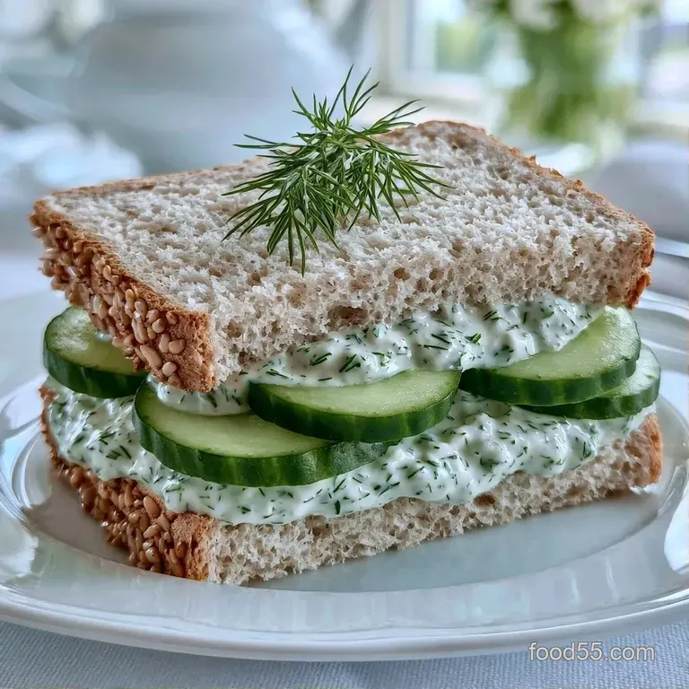 Neatly arranged finger sandwiches on a white porcelain platter, garnished with bright green sprigs of fresh dill.