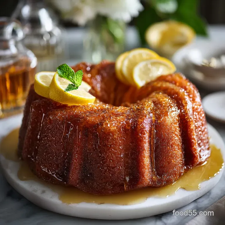 Slices of moist rum cake are layered on a white plate, a dusting of confectioner's sugar accentuating the rich color.