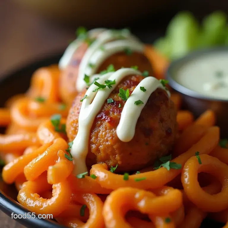 Wing Night Wonders Baked Buffalo Chicken Meatballs with Creamy Blue Cheese Drizzle presentation