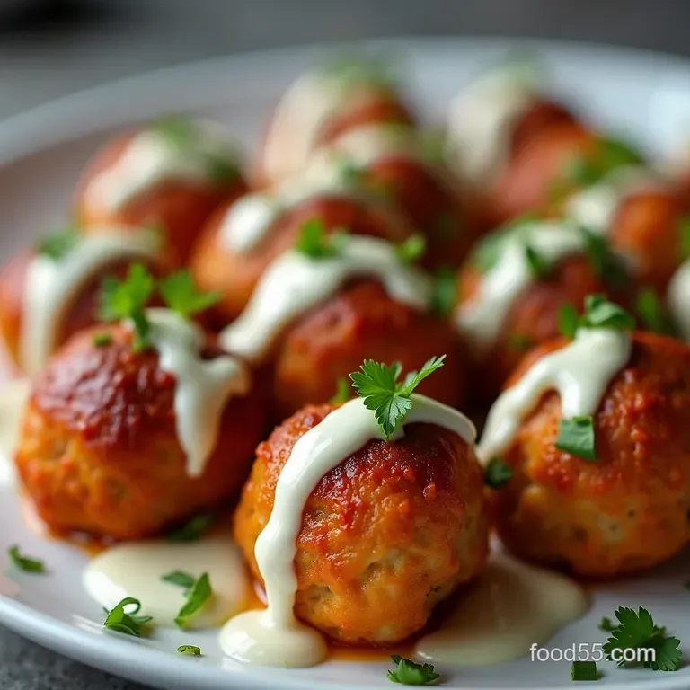 Wing Night Wonders Baked Buffalo Chicken Meatballs with Creamy Blue Cheese Drizzle