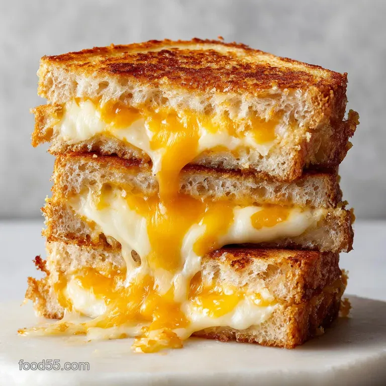 Melty, golden grilled cheese half plated, oozing with cheese and paired with bright red tomato soup in a white bowl.