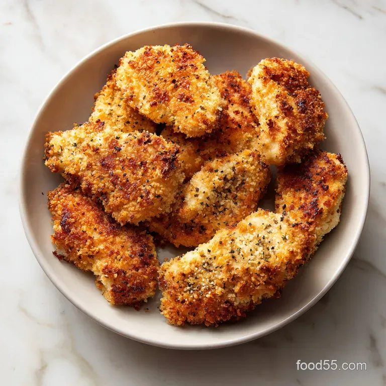 Sliced juicy chicken breast with a golden cheese crust paired with bright green asparagus on a modern white plate.