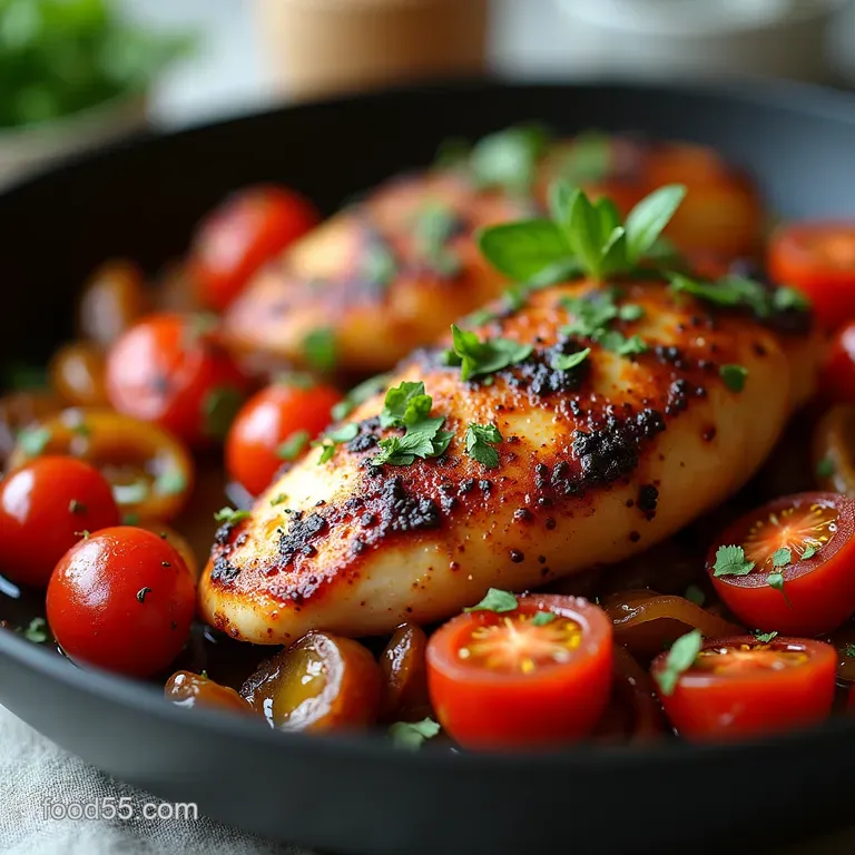 OnePan Balsamic Chicken with Sweet Roasted Tomatoes and Caramelized Red Onion