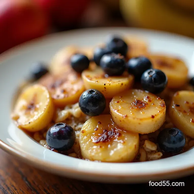 Sunshine Start Hearty Baked Oatmeal with Caramelized Banana Wild Blueberries presentation