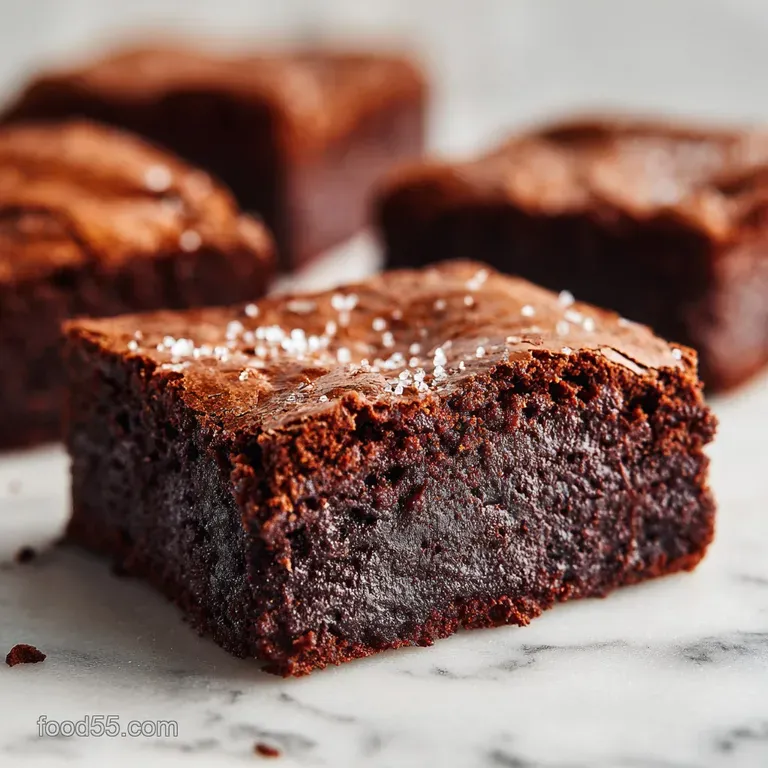 Slices of rich chocolate cake stacked on a white plate, drizzled with syrup and garnished with a fresh banana slice.