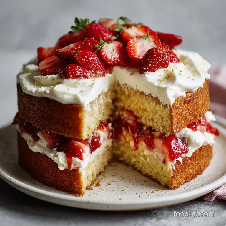 Slice of moist cake with creamy frosting, plated elegantly. Berries add tart color. Inviting, bakery style treat.