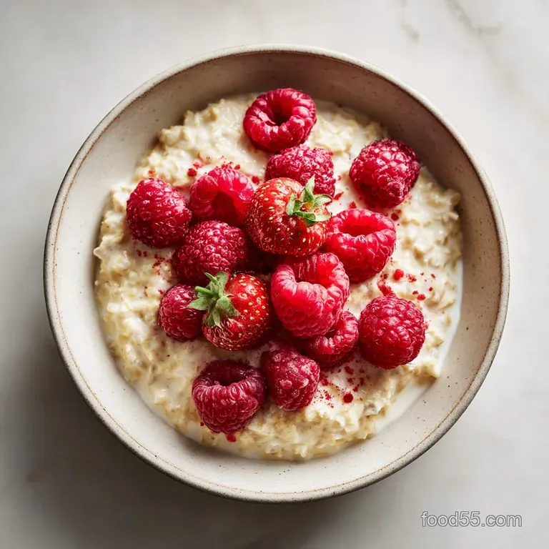 Elegant parfait of layered overnight oats, bright blueberries, raspberries, and a dollop of thick yogurt, sprinkled with t...