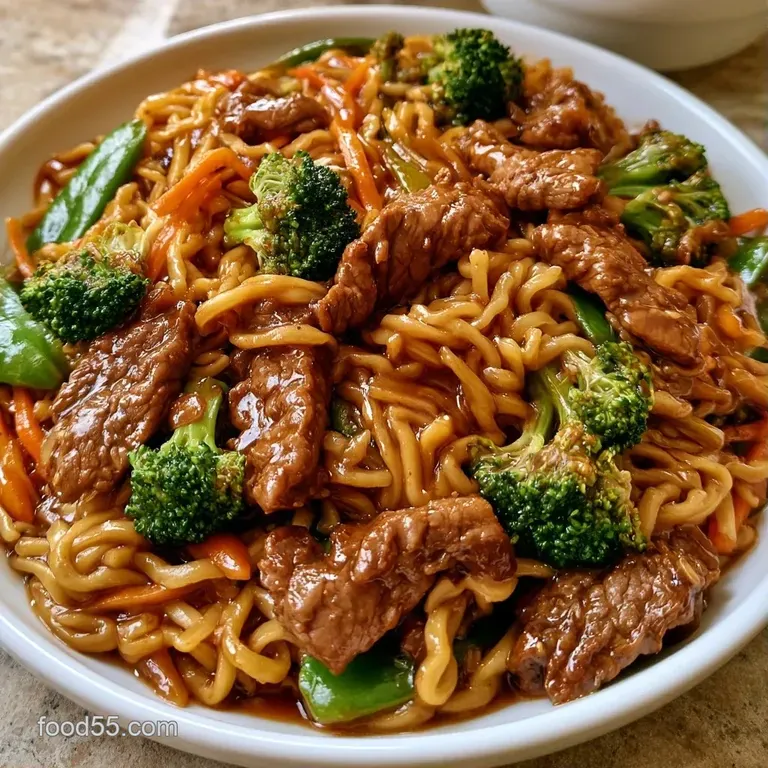 Steaming noodles and seared beef in a white ceramic bowl, garnished with toasted sesame seeds and sliced scallions.