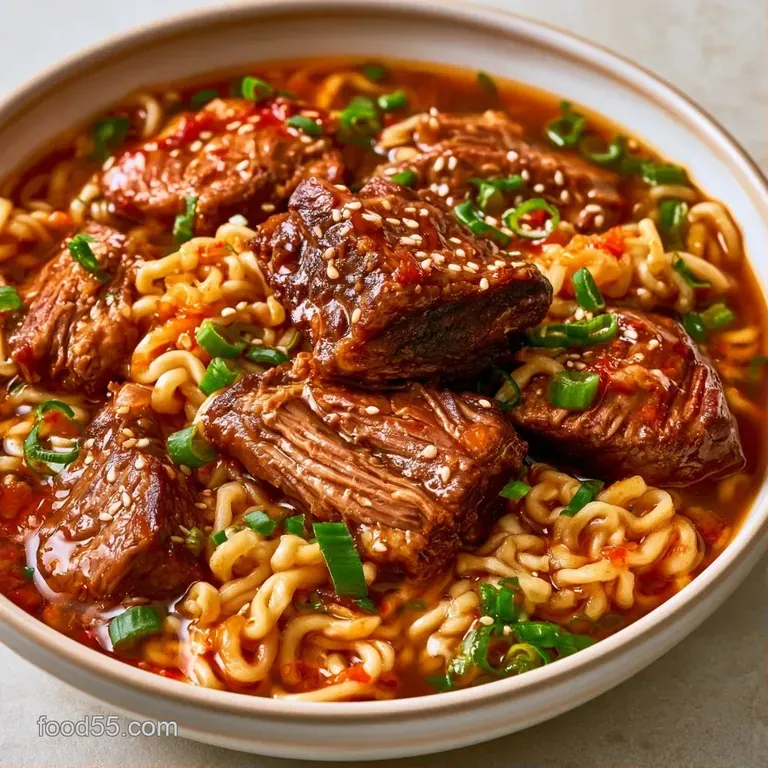 Elegant bowl of savory broth with tender glazed beef, a jammy egg, and bright green scallions in a stoneware bowl.