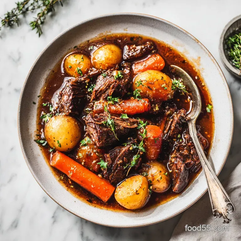 Beef and root vegetables in a glossy brown sauce, elegantly plated in a white bowl and garnished with fresh herbs.