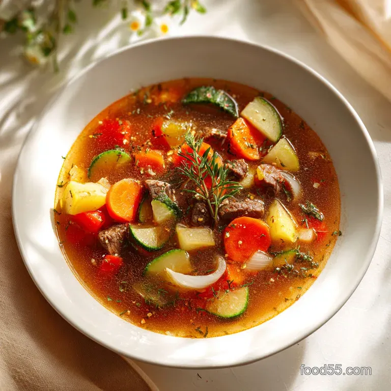 A steaming bowl of savory beef and vegetable soup, garnished with fresh parsley, ready to be enjoyed.