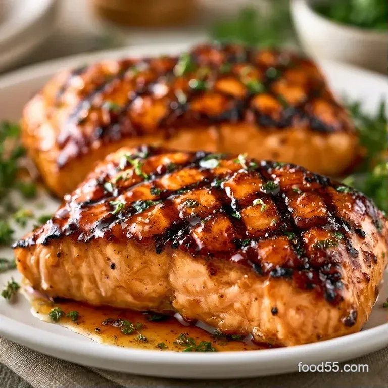 Glazed salmon fillet paired with vibrant green asparagus and lemon wedges on a sleek dark matte dinner plate.