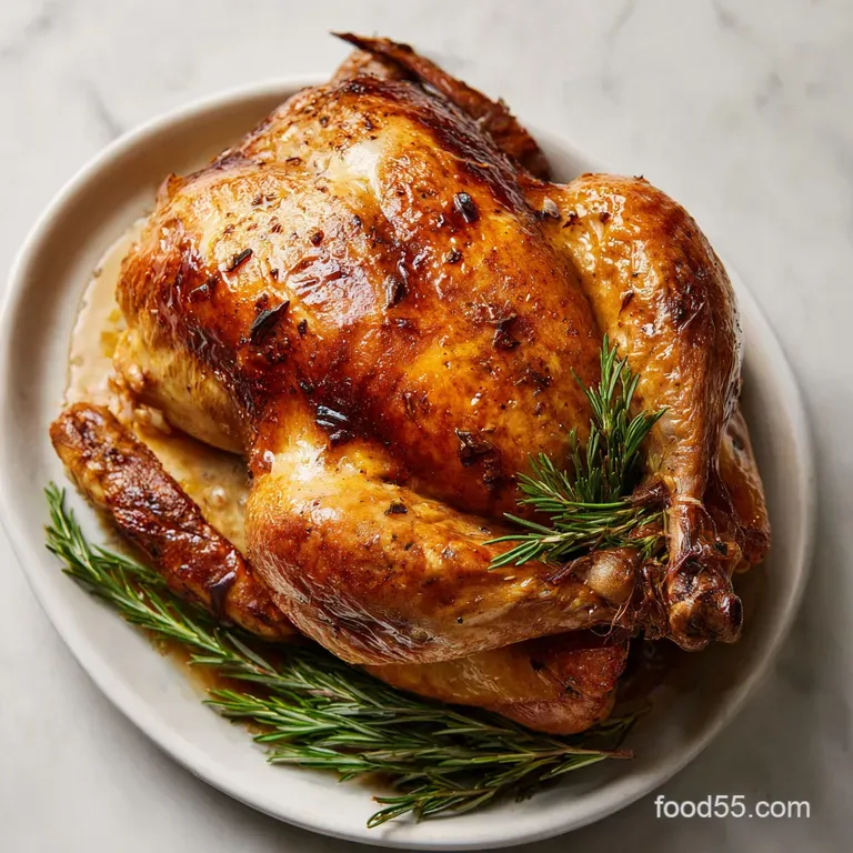 Carved turkey on a platter, glistening with juices, surrounded by vibrant green herbs and colorful roasted vegetables.