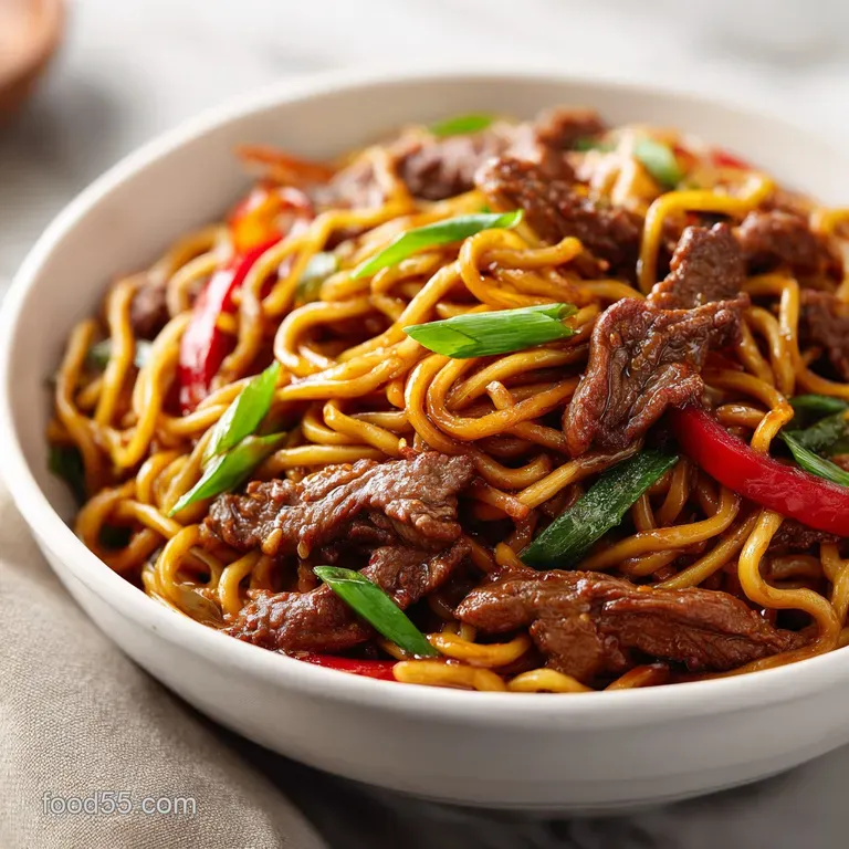 Elegant white bowl featuring silky noodles, seared beef, and crisp green bok choy, topped with toasted sesame.