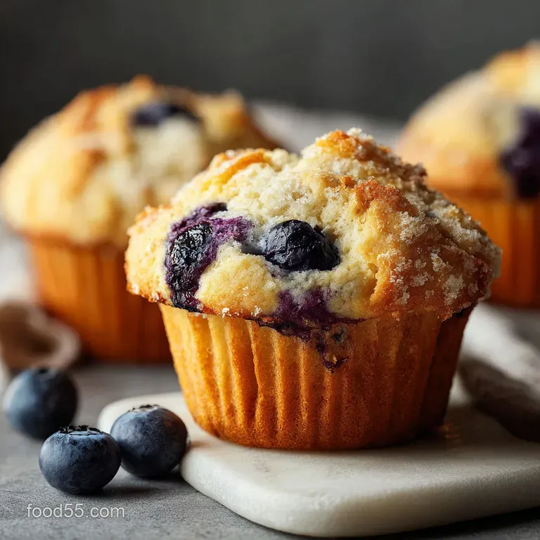 Fluffy blueberry muffin split open, steam rising, with butter melting into the soft interior. Berries glistening with warm...