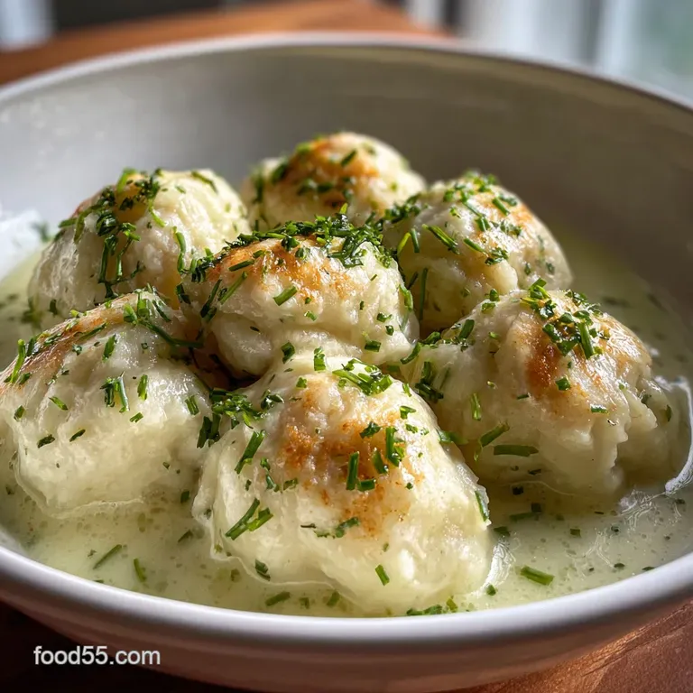 Savory Bisquick dumplings served in a rustic bowl. A sprig of thyme garnishes the fluffy, golden-brown top, steam rising.