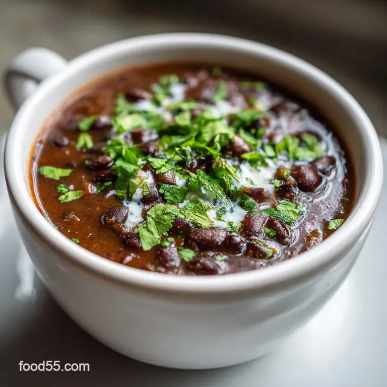 Black bean soup in a white bowl, garnished with a dollop of sour cream, chopped red onion, and a sprig of fresh cilantro.