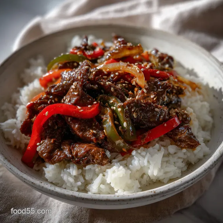 Tender beef slices elegantly arranged on a white plate, glistening glaze reflecting light. A sprig of cilantro adds a fres...