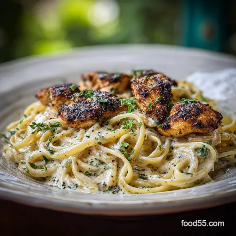 Perfectly plated alfredo with blackened chicken; steam rising, rich sauce coating pasta, parsley garnish adds a fresh pop ...