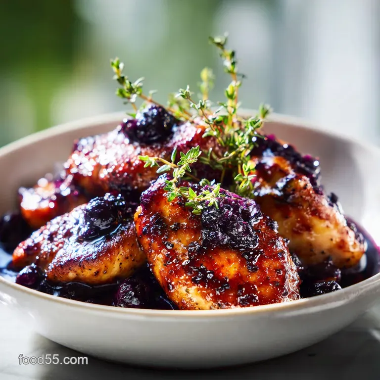 Seared chicken breasts on a white plate with a drizzle of deep purple berry sauce and a fresh green thyme garnish.