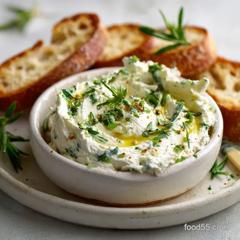 Elegant ramekin filled with soft, herb-flecked Boursin cheese, next to crusty bread slices. A simple, delicious appetizer.