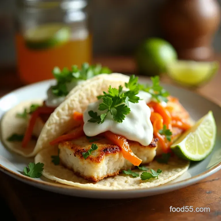 Bright Healthy Cod Fish Tacos with Yogurtlime Crema presentation