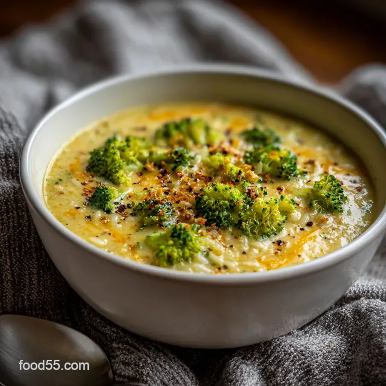 A vibrant bowl of broccoli cheddar rice soup, topped with fresh herbs and a drizzle of cream, inviting warmth and flavor.