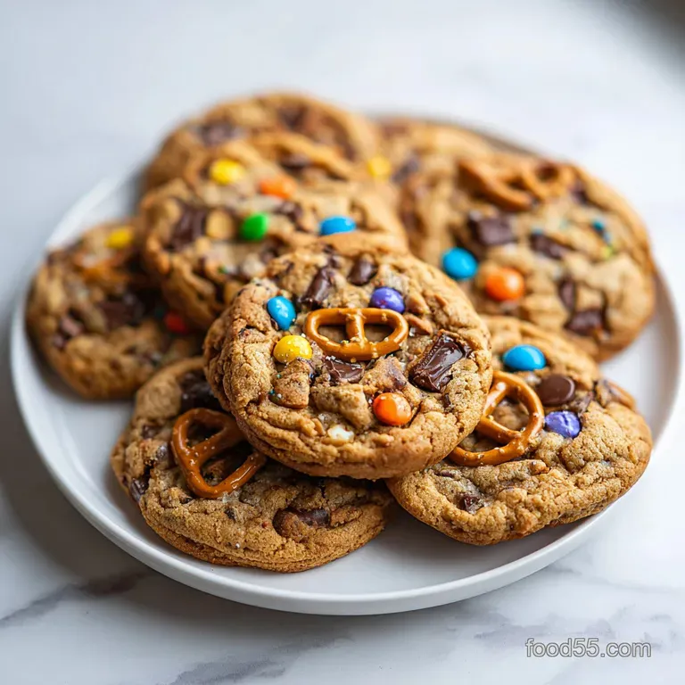 A stack of thick, chewy cookies on a white ceramic plate, dusted with flakes of sea salt and soft lighting