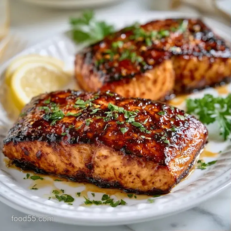 A seared fillet with a glossy amber glaze on a white ceramic plate, garnished with a fresh lemon wedge and parsley.