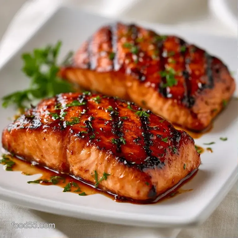 Four glistening glazed fillets on a dark slate board, garnished with bright lemon wedges and fresh green parsley.
