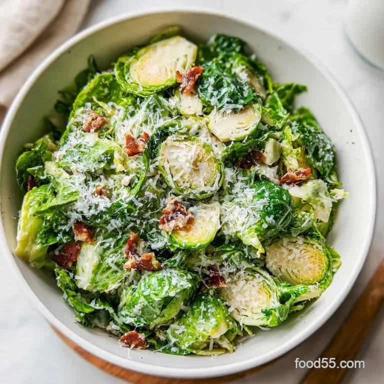 Artfully arranged Brussels sprouts Caesar salad. Bright green shreds glisten with dressing, topped with golden croutons an...