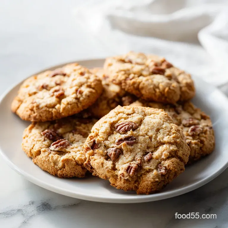 A stack of buttery golden cookies on a white ceramic plate beside a steaming cup of coffee and linen napkin