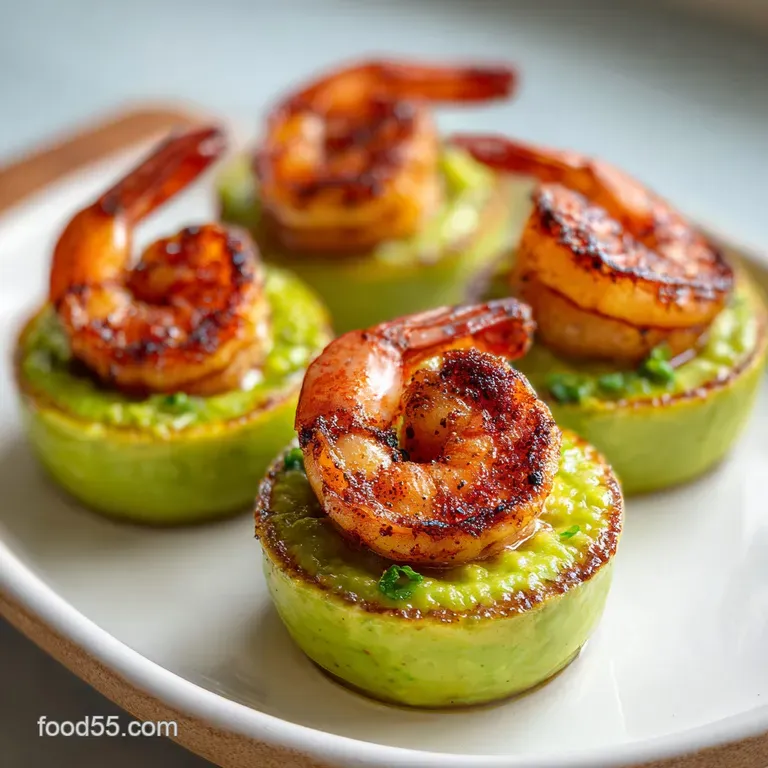 Vibrant green avocado cups topped with charred shrimp arranged on a white marble platter with fresh lime wedges.