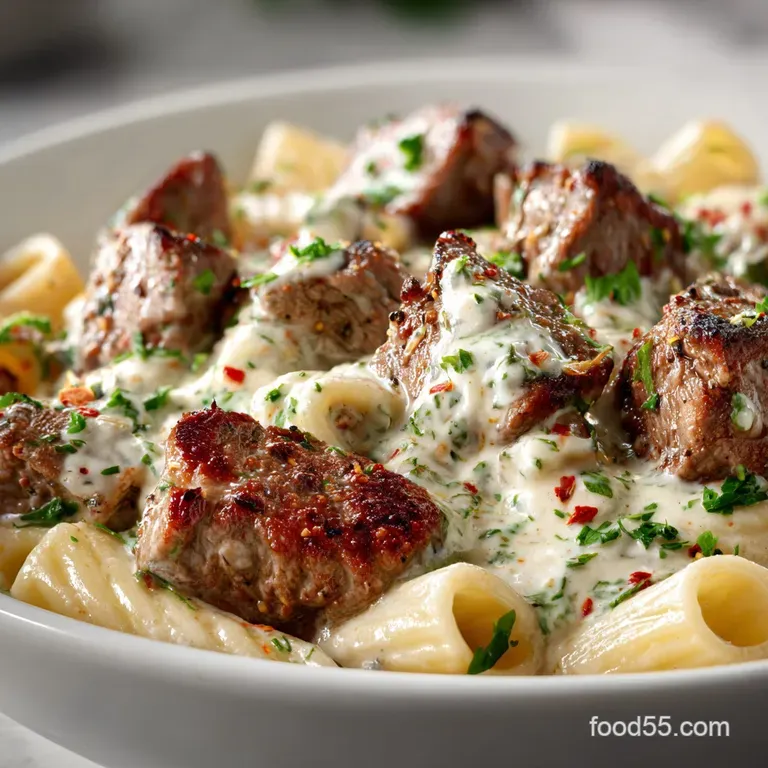 Cajun Steak Tips in Cheesy Rigatoni Parmesan Sauce with Garlic
