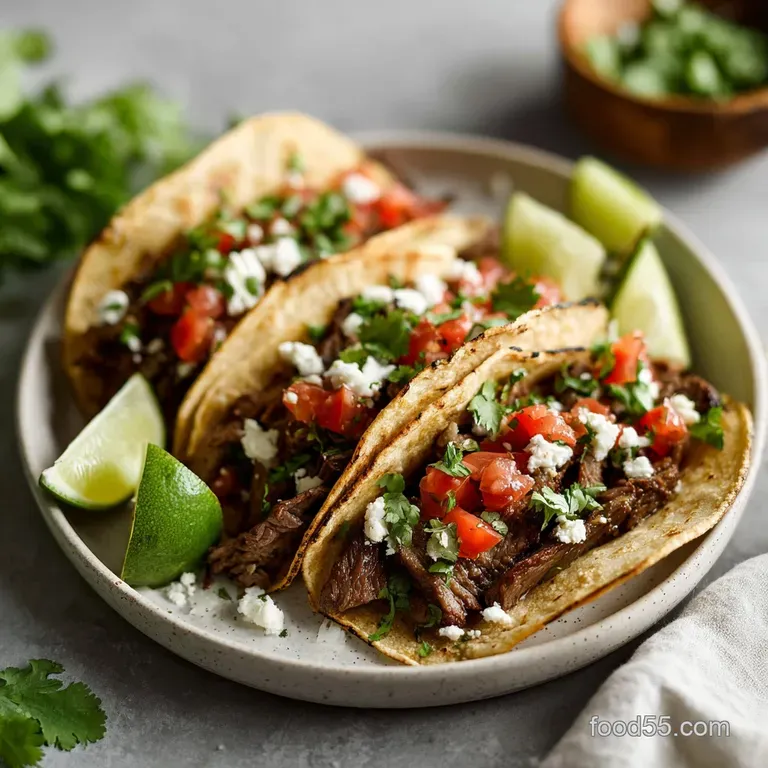 Three neat tacos arranged on a ceramic plate with a side of vibrant green salsa and lime wedges on the side